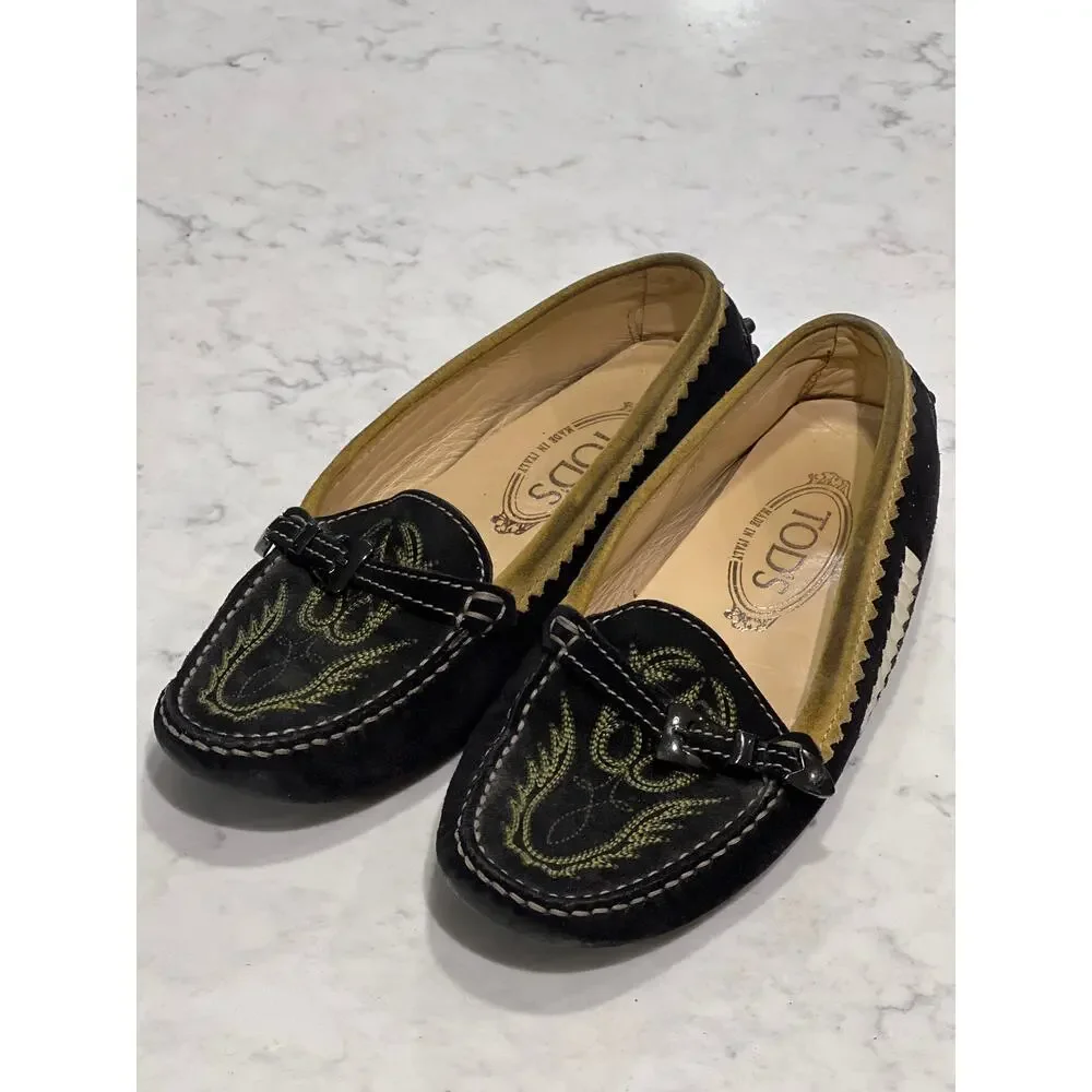 Women's Tod's Suede Embroidered Toe Buckle Driving Casual Loafers Size 5.5 Black